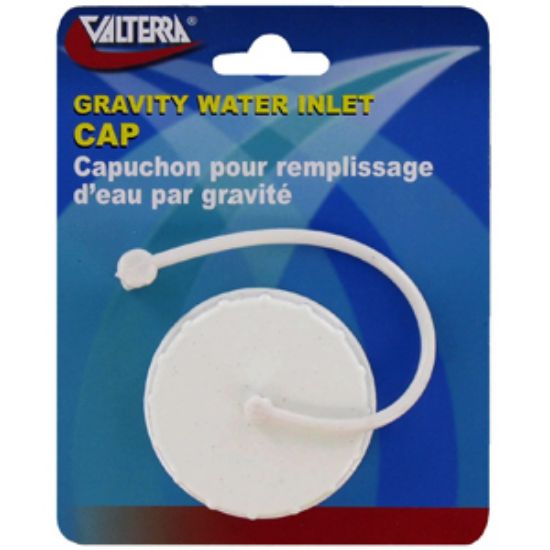 Picture of Valterra  White Plastic Bayonet Style Fresh Water Inlet Cap w/Lanyard A0120SVP 10-0630                                       